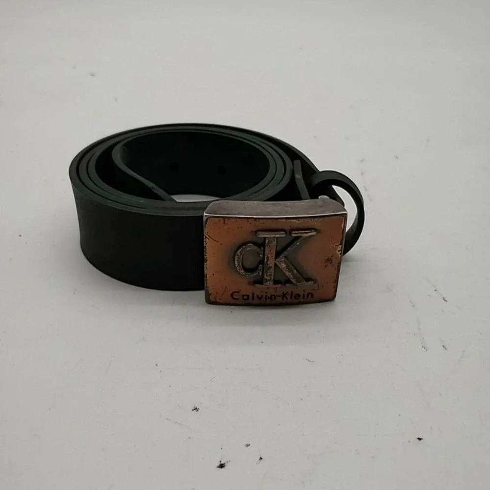Calvin Klein Belt Mens M Black Molded Rubber Logo Buckle USA Designer Dress
